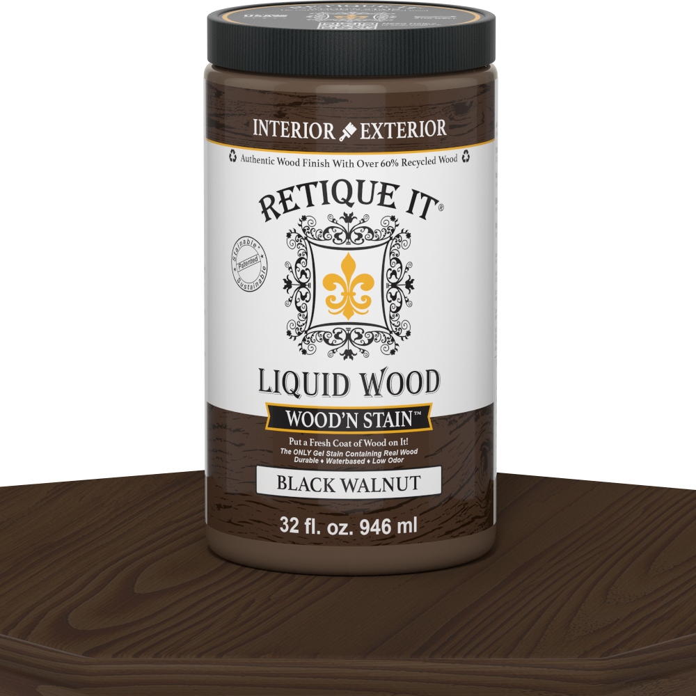 Retique It® Liquid Wood Wood'n Stain in Black Walnut, 32 oz bottle, showcasing rich dark brown stain for wood finishing.