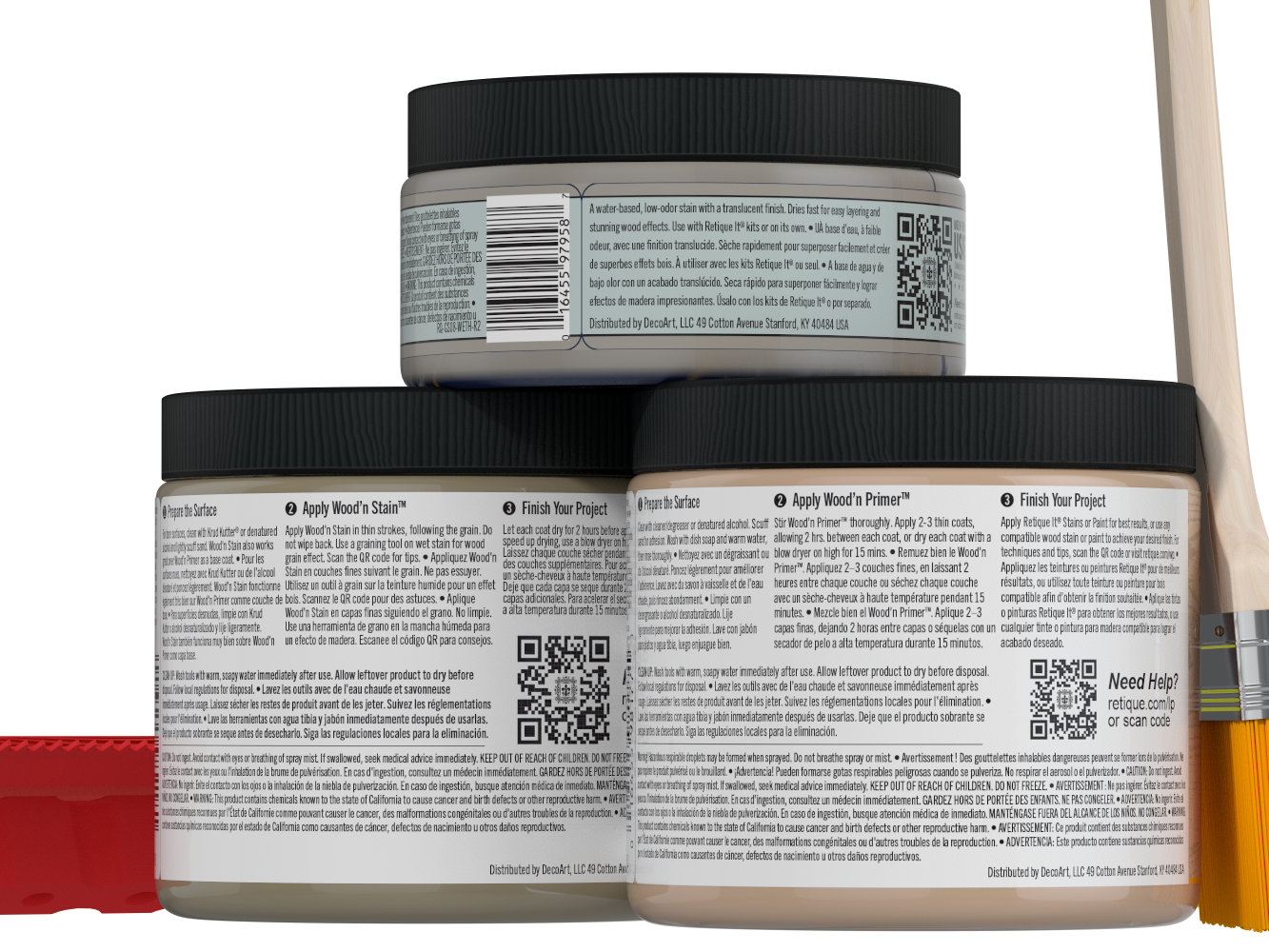 Retique It® Wood'n Finish Kit in medium drift wood color, showing the back view with wood finish and application tools.