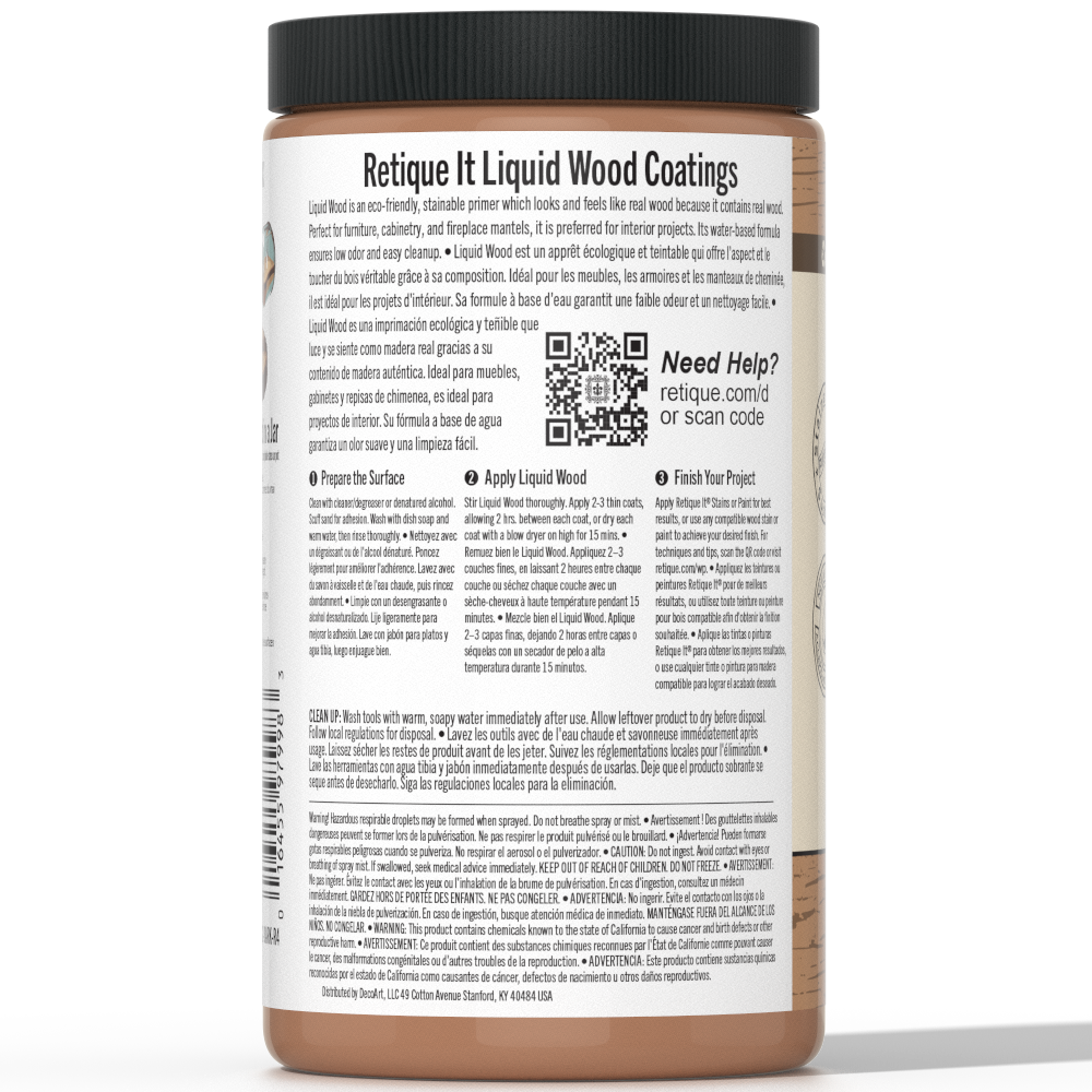 Retique It® Liquid Wood interior paint in 32oz dark finish, showing the dark-colored liquid wood product in a container.