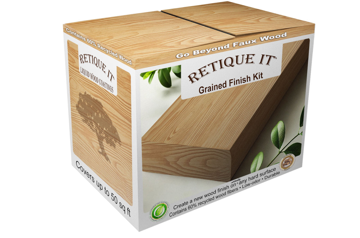 Retique It® Raw Wood Kit in dark, natural wood finish, featuring a box with wood grain details and finishing supplies inside.