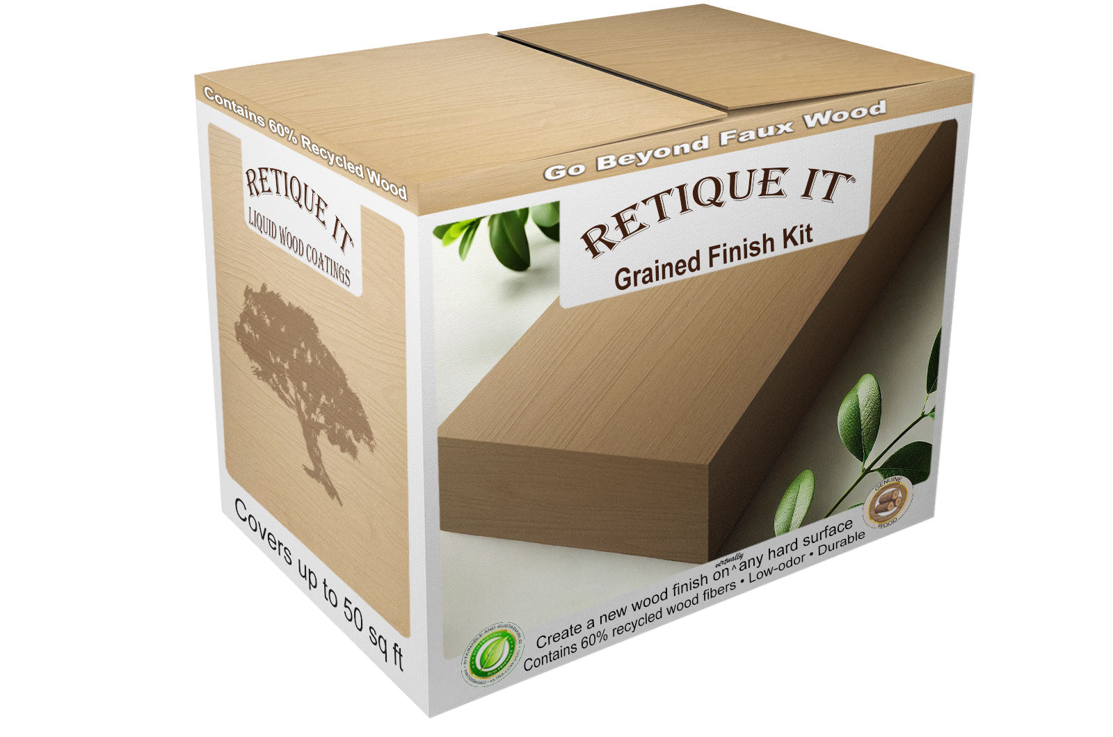 Light raw wood finish kit by Retique It® featuring medium-sized wood planks and natural grain details in a box.
