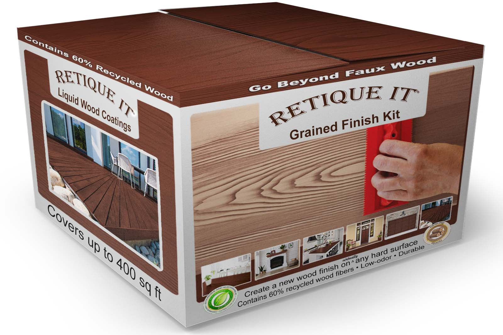 Retique It® Wood'n Finish Kit with four large Red Mahogany exterior top coat containers and grained wood finish on the box