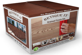 Retique It® Wood'n Finish Kit with four large Red Mahogany exterior top coat containers and grained wood finish on the box