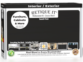 Retique It® Multi-purpose Smooth Finish Kit in classic black for wood finishing, shown in a box with multiple components.