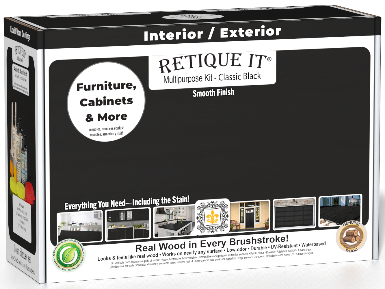 Retique It® Multi-purpose Smooth Finish Kit in classic black for exterior wood tops, featuring matte top coat in a wood finishing box.