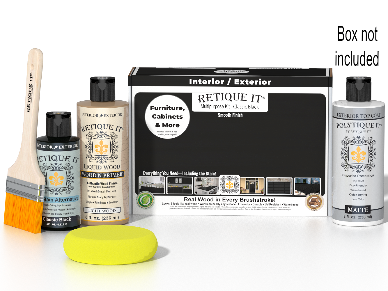 Retique It® Multi-purpose Smooth Finish Kit in Classic Black for exterior wood, includes top coat with a matte finish.