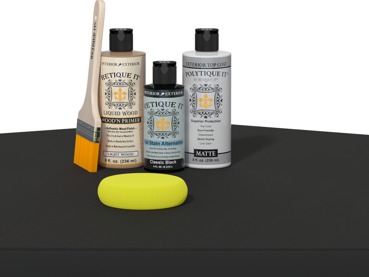 Retique It® wood finish kit with black satin exterior top coat, featuring smooth finish for wood projects.