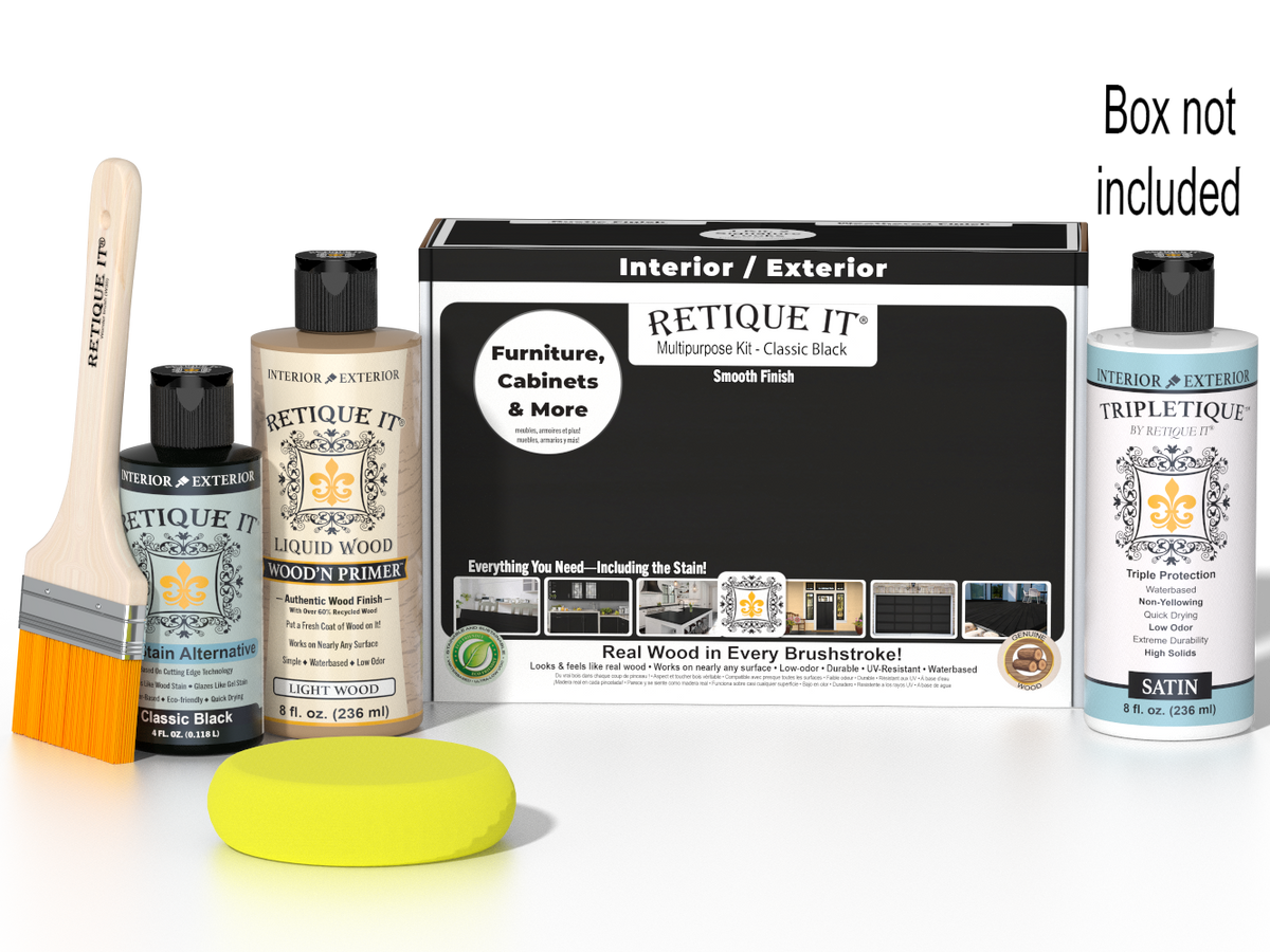 Retique It Multi-purpose Smooth Finish Kit in classic black for interior wood projects, includes satin top coat and application tools.