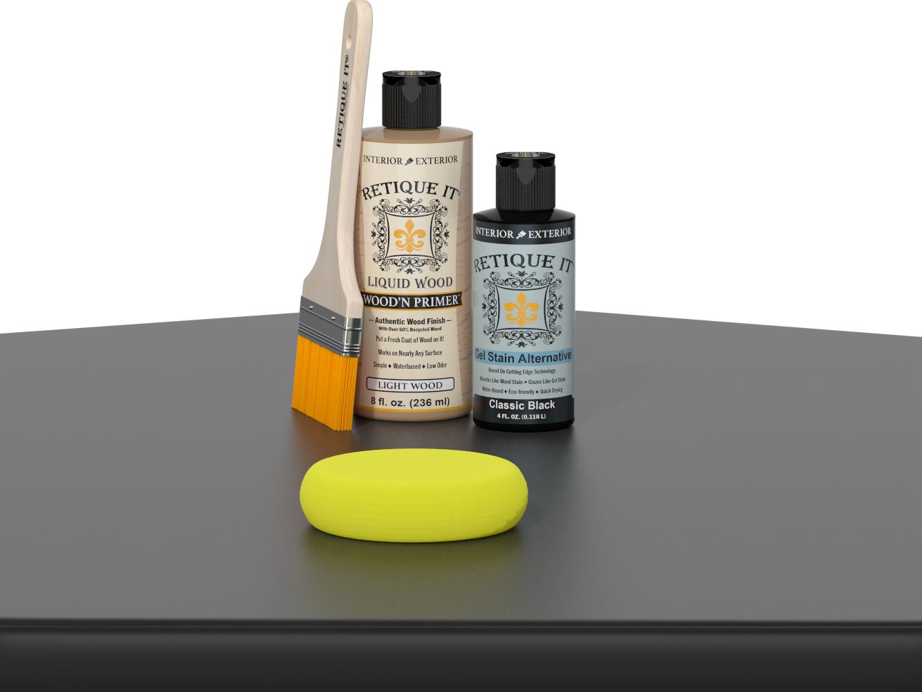 Retique It® Multi-purpose Smooth Finish Kit in classic black, featuring wood finish tools and supplies on a table display.