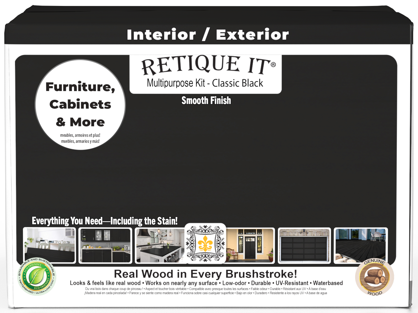 Retique It® Multi-purpose Smooth Finish Kit in classic black with exterior top coat, includes four large wood finishing products in matte finish.