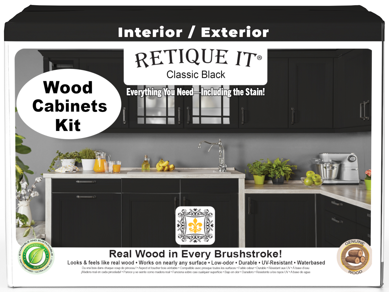 Retique It® Wood'n Cabinet Kit in classic black with 48 smooth cabinet doors, ideal for staining and kitchen updates.