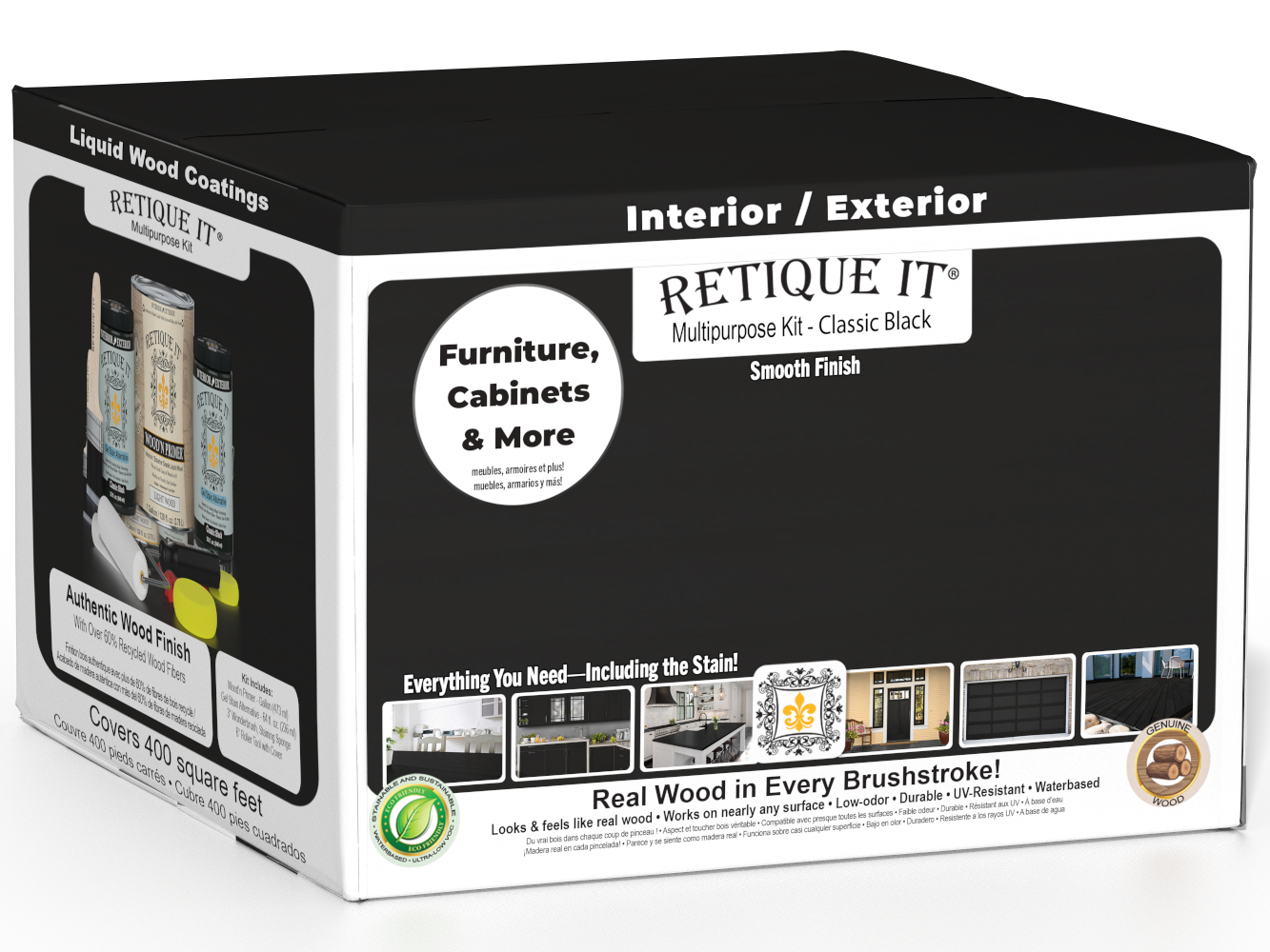 Retique It® Multi-purpose Smooth Finish Kit in classic black with exterior top coat and matte finish for wood projects.