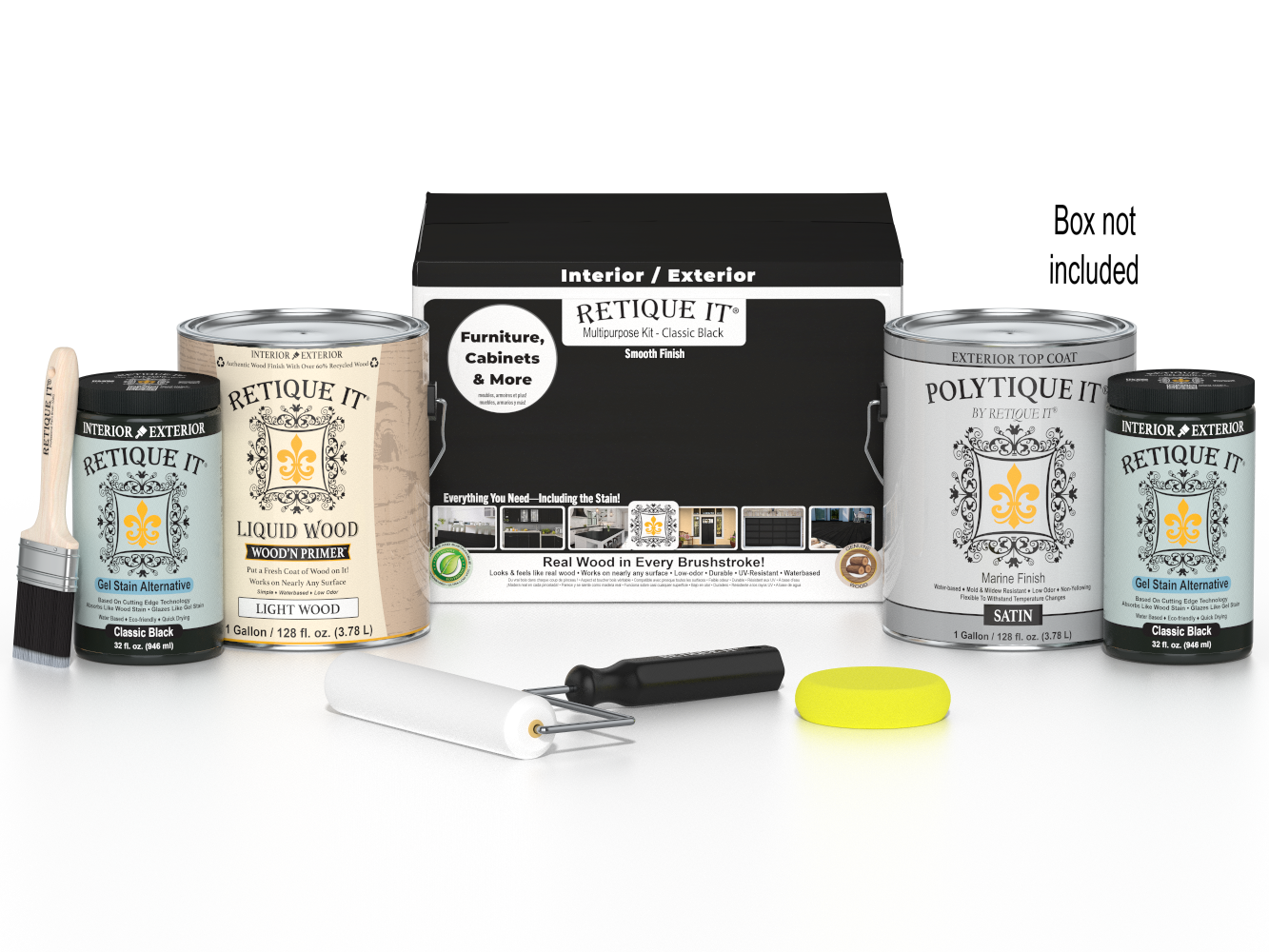 Retique It® Multi-purpose Smooth Finish Kit in classic black with exterior top coat, includes four large wood finish products in a box.