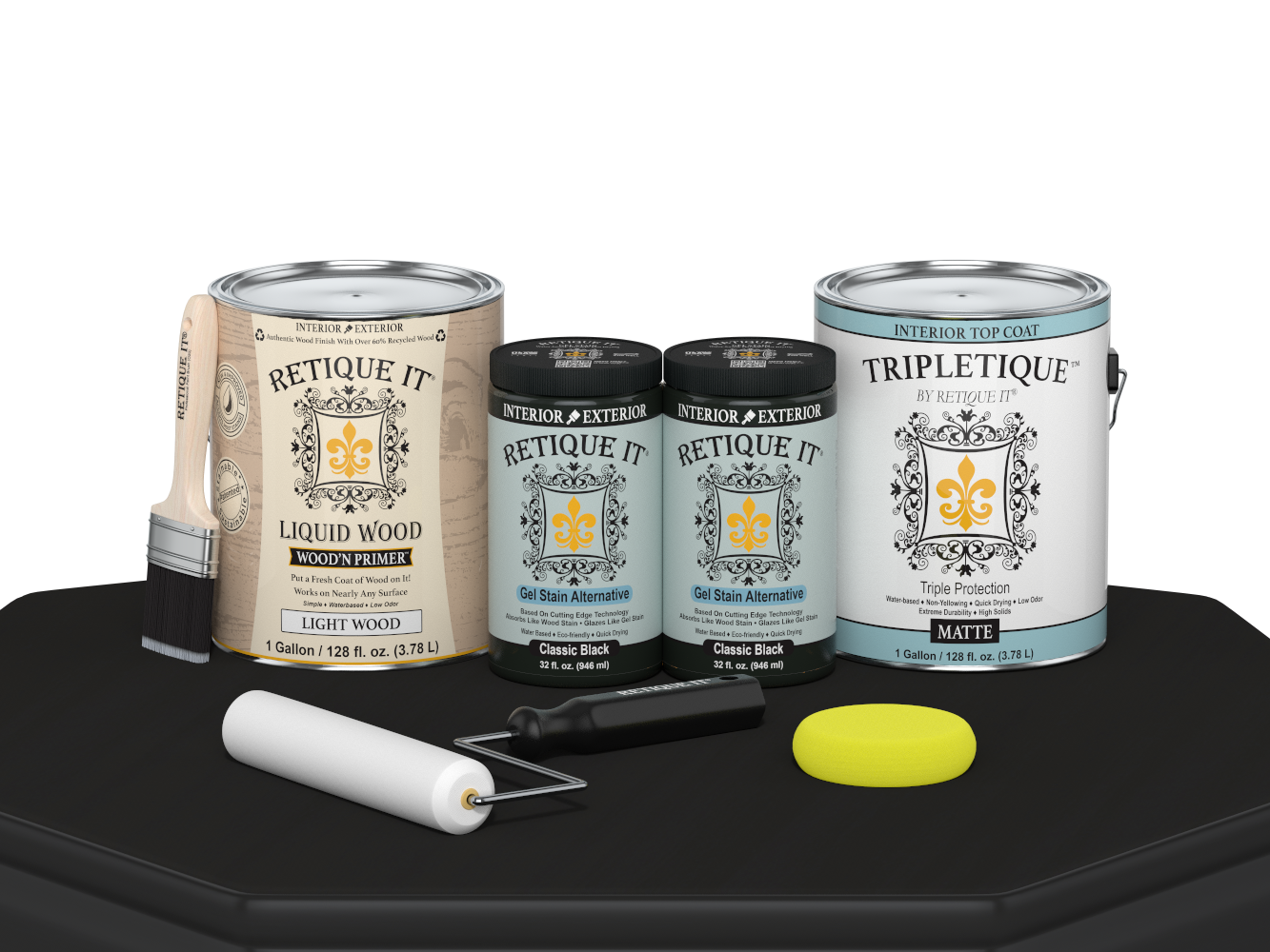 Retique It® Multi-purpose Smooth Finish Kit in classic black with four large interior top coat bottles, matte wood finish.