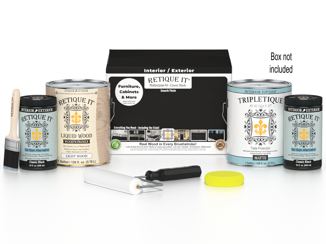 Retique It® wood finish kit with four large black interior top coats, featuring smooth finish for wood surfaces.
