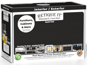 Retique It® Multi-purpose Smooth Finish Kit in classic black for interior woodworking, includes top coat and application tools.