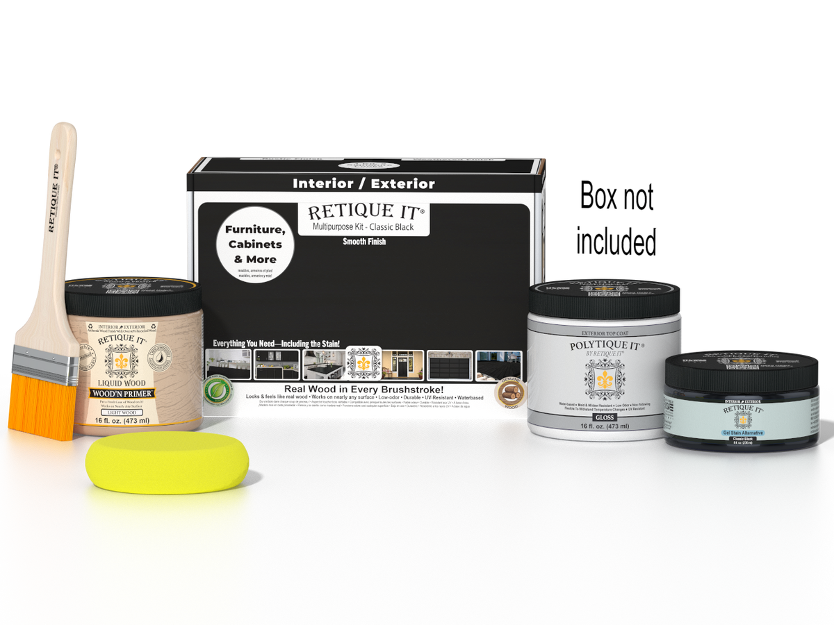 Retique It Multi-purpose Smooth Finish Kit in Classic Black for wood, includes exterior top coat for a sleek, durable finish.