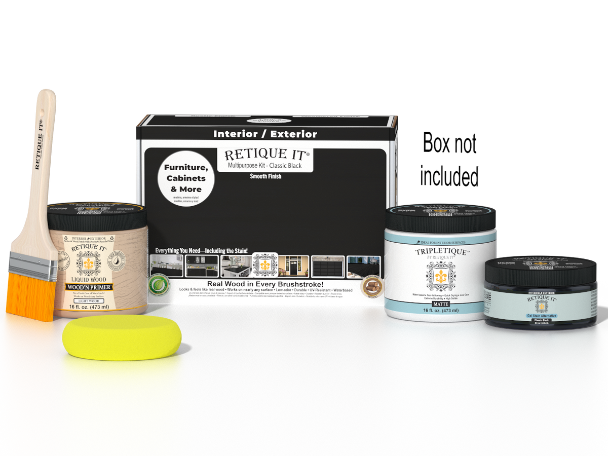 Retique It® Multi-purpose Smooth Finish Kit (Med) in Classic Black for interior wood surfaces, includes top coat with matte finish.