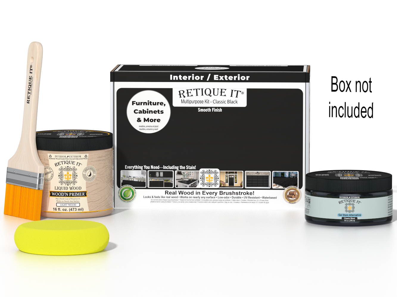 Retique It® Multi-purpose Smooth Finish Kit in classic black for wood furniture, includes application tools and finishing products.