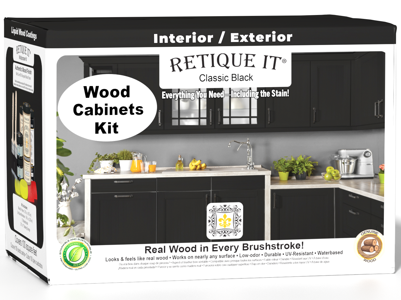 Retique It® Wood'n Cabinet Kit with 12 smooth black cabinet doors, stain finish, designed for classic black kitchen cabinets.