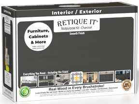 Retique It® Multi-purpose Smooth Finish Kit in Charcoal for wood exterior top coat with a matte finish, shown with tools and supplies.