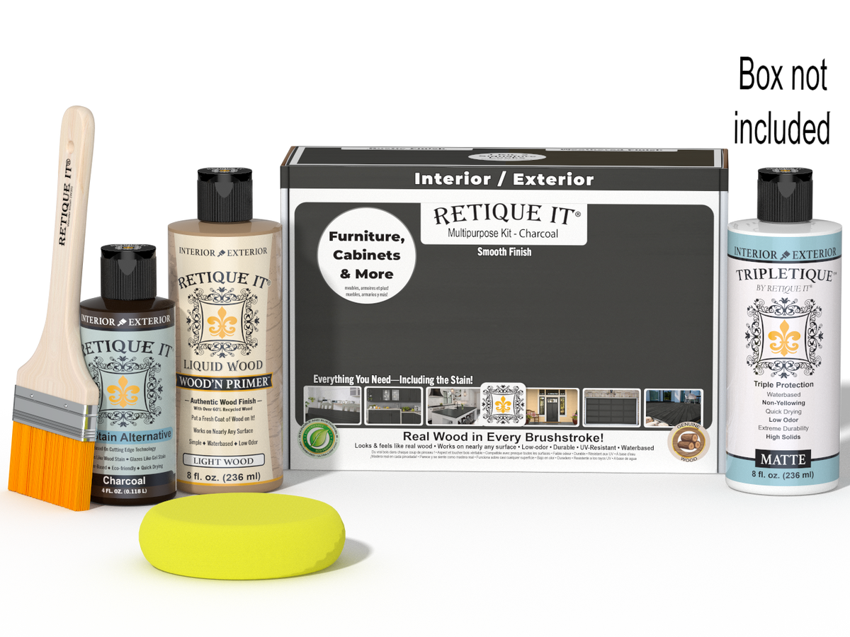 Retique It® Charcoal Multi-purpose Smooth Finish Kit for interior wood projects, includes top coat and application tools.