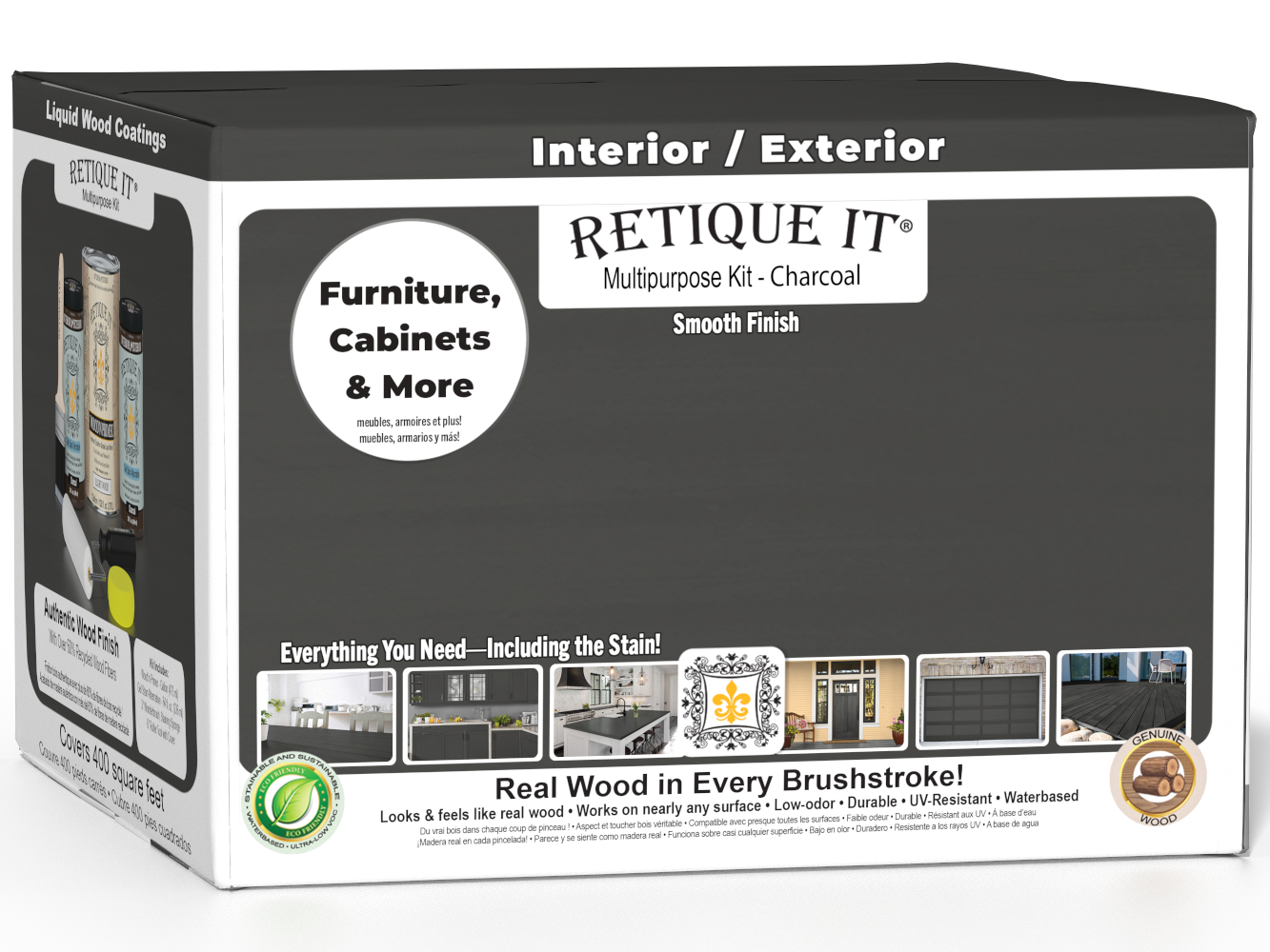 Retique It® Multi-purpose Smooth Wood'n Finish Kit in charcoal for exterior wood projects, featuring four large containers and top coat.