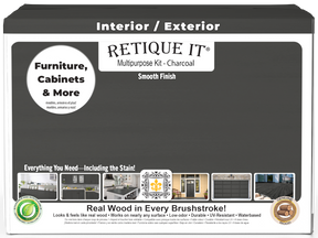 Retique It® Multi-purpose Wood'n Finish Kit in charcoal, large size, featuring wood finishing tools and product packaging.