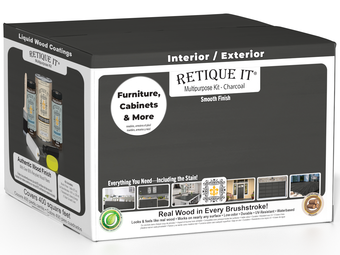 Retique It® Wood'n Finish Kit in charcoal with 4 large exterior top coat containers, showcasing smooth wood finish and application tools.