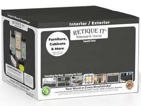 Retique It® Multi-purpose Smooth Finish Kit with four charcoal interior top coat bottles for wood furniture finishing.