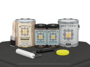 Retique It® Wood'n Finish Kit in Charcoal for exterior wood surfaces, includes four large bottles of smooth top coat.