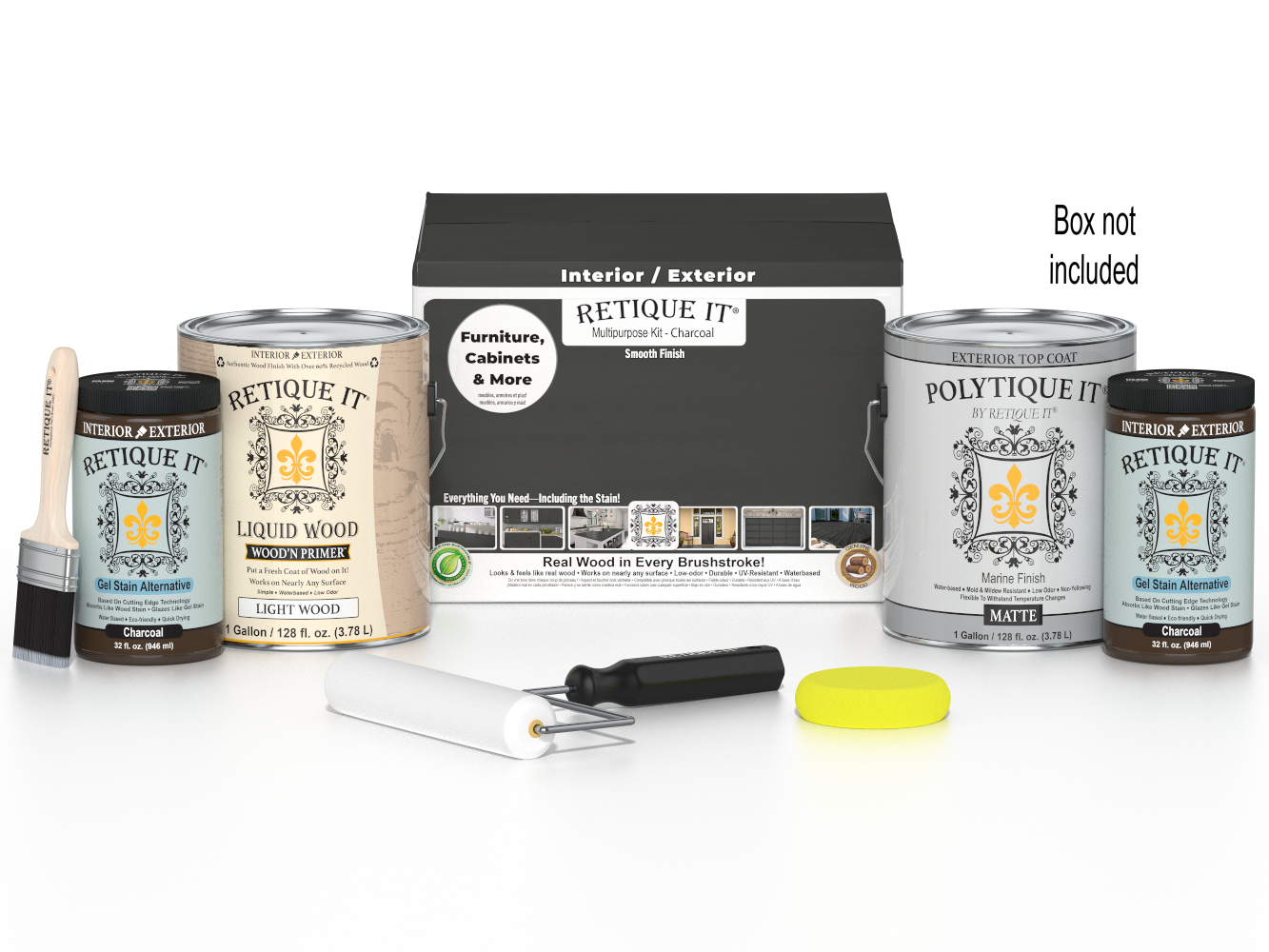 Retique It® Wood'n Finish Kit with four large charcoal exterior top coat bottles and applicator tools for smooth wood finishing.