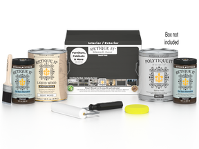 Retique It® Wood'n Finish Kit with four large charcoal exterior top coat bottles and applicator tools for smooth wood finishing.