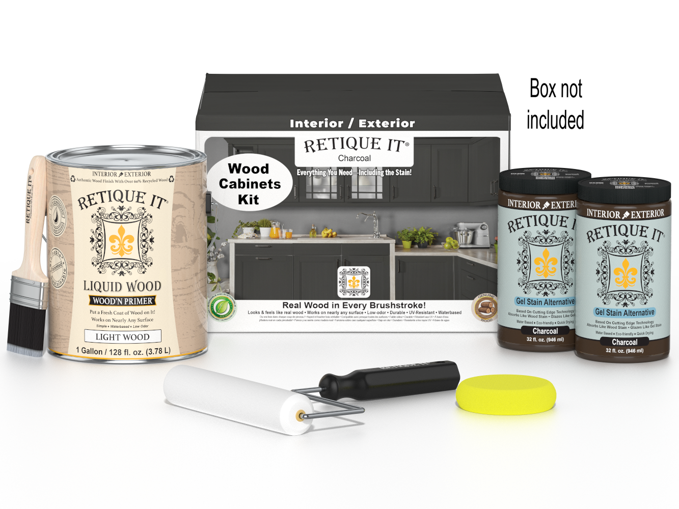 Retique It® Wood'n Cabinet Kit with 48 charcoal-colored doors, smooth stain finish, shown in a box image for cabinetry renovation.
