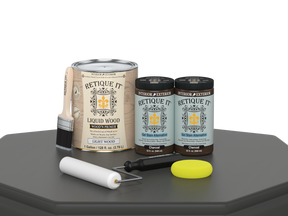 Retique It® Wood'n Cabinet Kit with 48 charcoal-colored, smooth door stains for cabinetry, shown on a table surface.