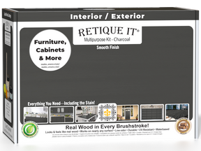 Retique It® Multi-purpose Smooth Finish Kit (Med) in charcoal for exterior wood surfaces, includes top coat and application tools.