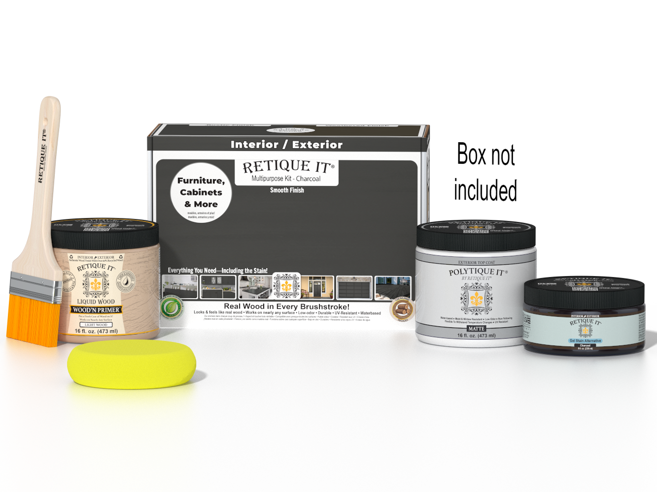 Retique It® Multi-purpose Smooth Finish Kit in charcoal for exterior wood surfaces, includes top coat and application tools.