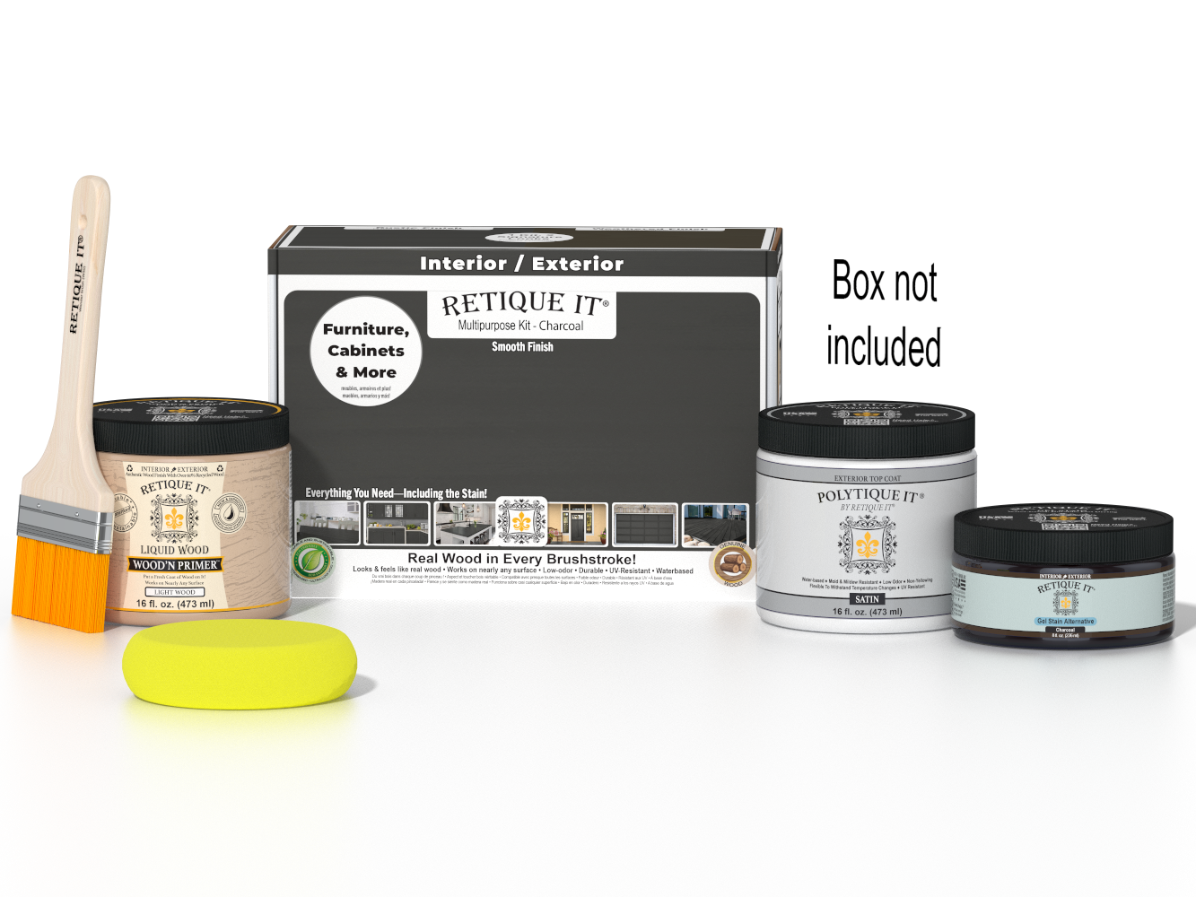Retique It® Multi-purpose Smooth Finish Kit (Med) in charcoal for exterior wood projects, includes top coat and application tools.