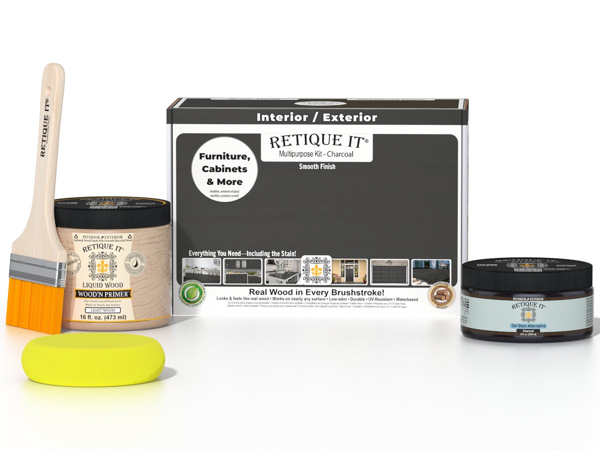 Retique It® wood finishing kit with charcoal-colored smooth finish, including applicators and tools for multi-purpose use.