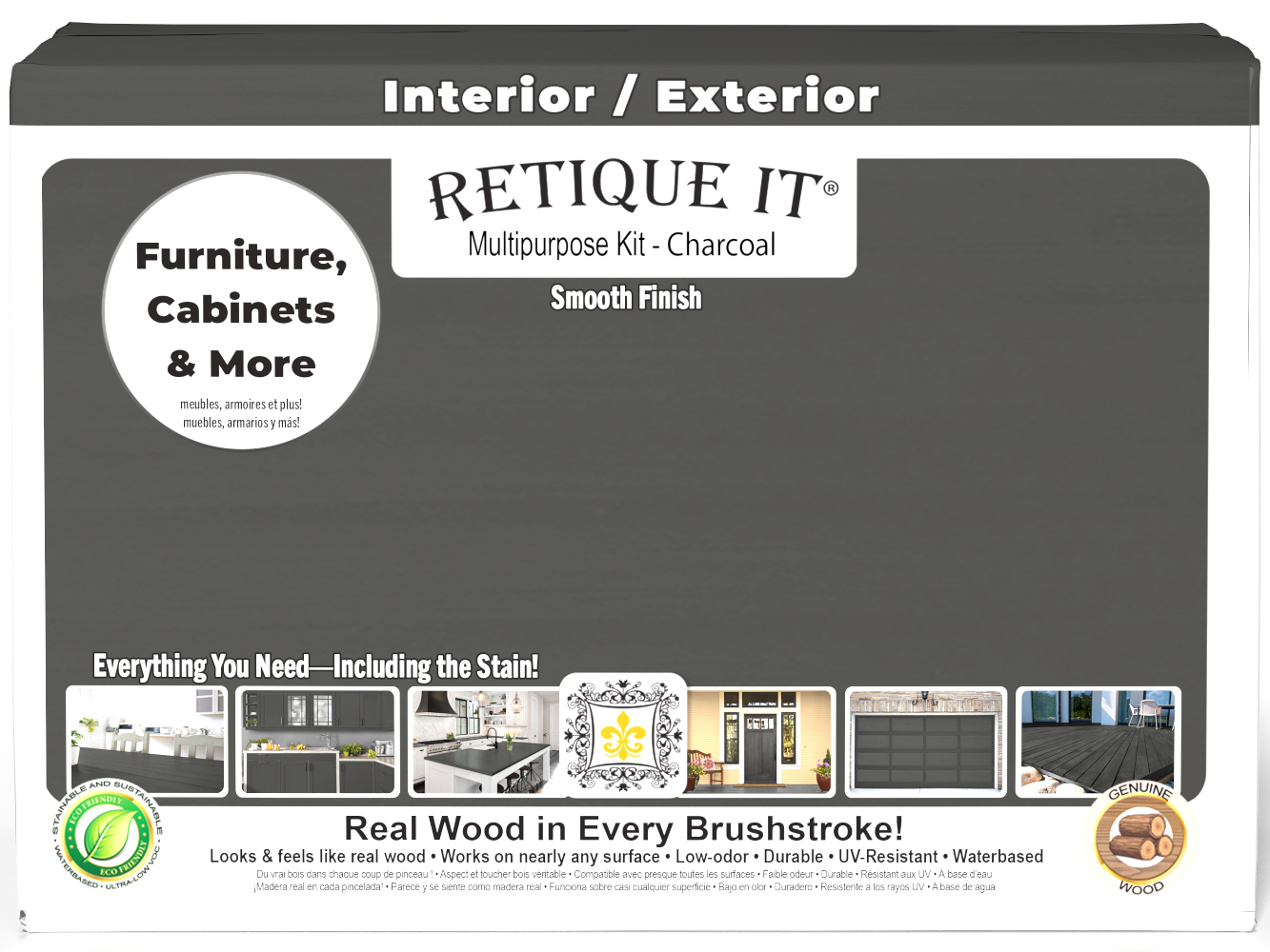 Large Charcoal Multi-purpose Smooth Finish Kit by Retique It® for exterior wood top coating, includes brushes and finishing tools.