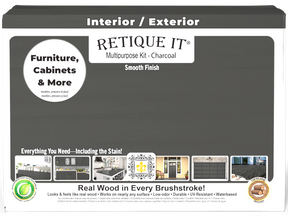 Large Charcoal Multi-purpose Smooth Finish Kit by Retique It® for exterior wood top coating, includes brushes and finishing tools.