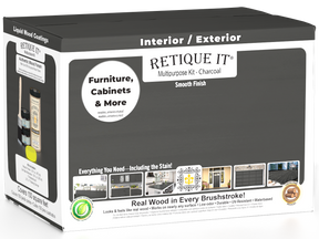 Retique It® Wood'n Cabinet Kit with 12 charcoal-colored smooth stain doors for cabinets, shown in a modern kitchen setting.