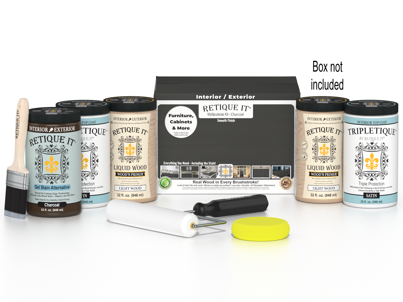 Retique It® multi-purpose charcoal wood finish kit with four large interior top coat bottles, ideal for smooth wood surface finishing.