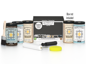 Retique It® multi-purpose charcoal wood finish kit with four large interior top coat bottles, ideal for smooth wood surface finishing.