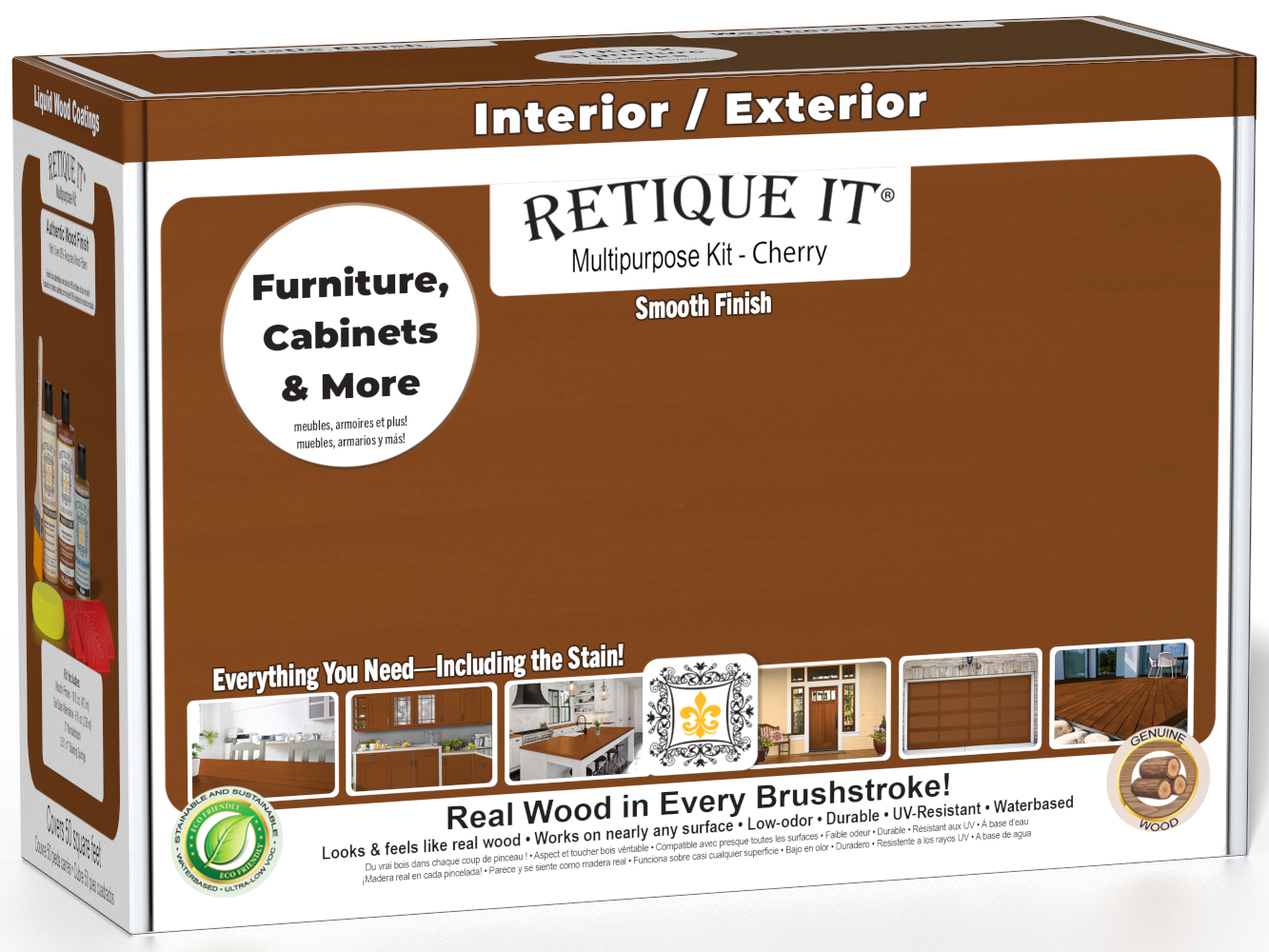 Retique It® Multi-purpose Smooth Finish Kit in cherry wood tone, includes tools and supplies for wood finishing projects.