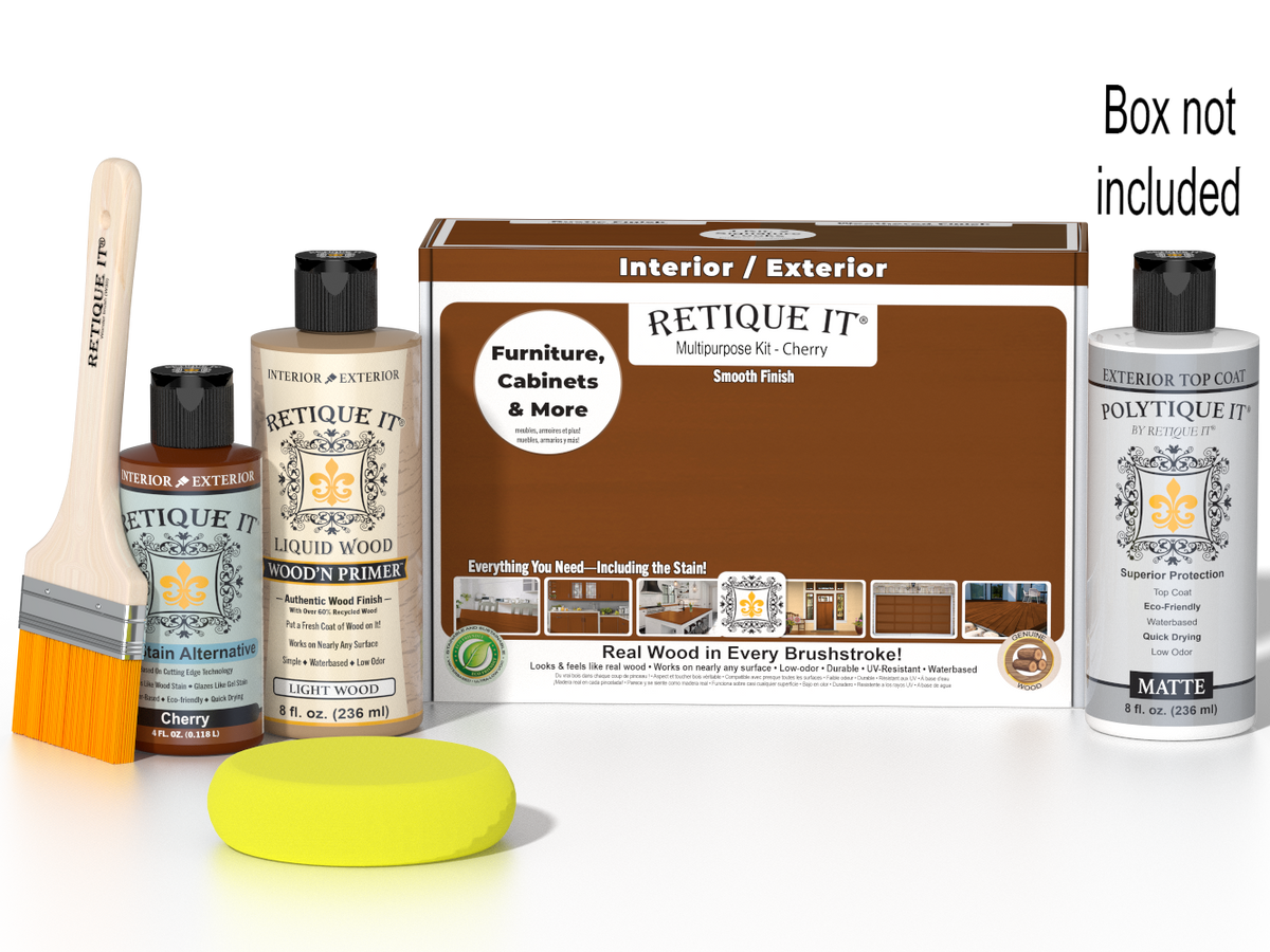 Retique It® Multi-purpose Smooth Finish Kit in Cherry for exterior wood, includes top coat and matte finish in a wood finishing kit.