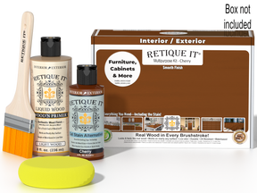 Retique It® Cherry wood finish kit with smooth finish, including applicator tools and finishing products in a box.
