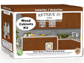 Retique It® Wood'n Cabinet Kit with 48 cherry-stained smooth cabinet doors and panels, ideal for kitchen or bathroom cabinetry.