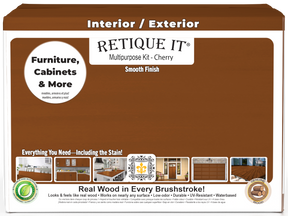 Retique It® multi-purpose smooth finish kit with four large cherry wood stain and finish bottles, front view of the box.