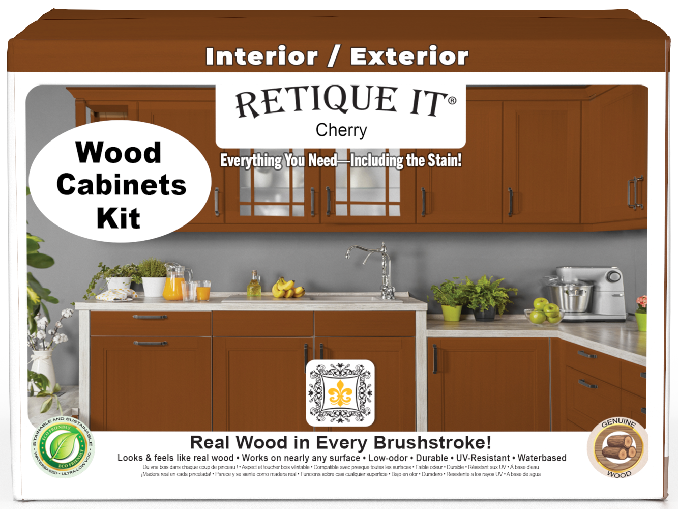 Retique It® Wood'n Cabinet Kit with 48 cherry-colored, smooth door stain for kitchen cabinets, front view.